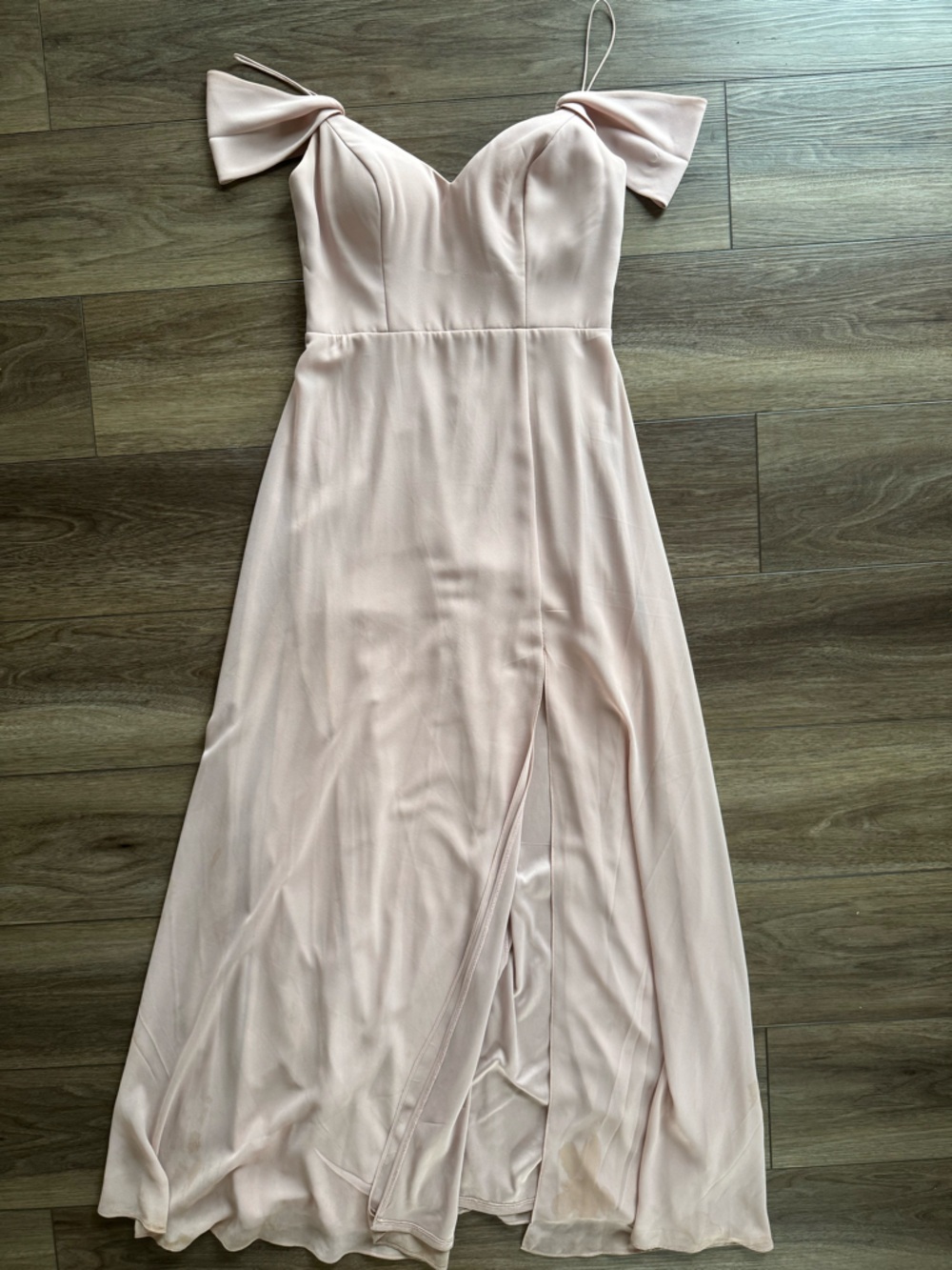Bill Levkoff Blush Pink Off-Shoulder Chiffon Wedding Dress